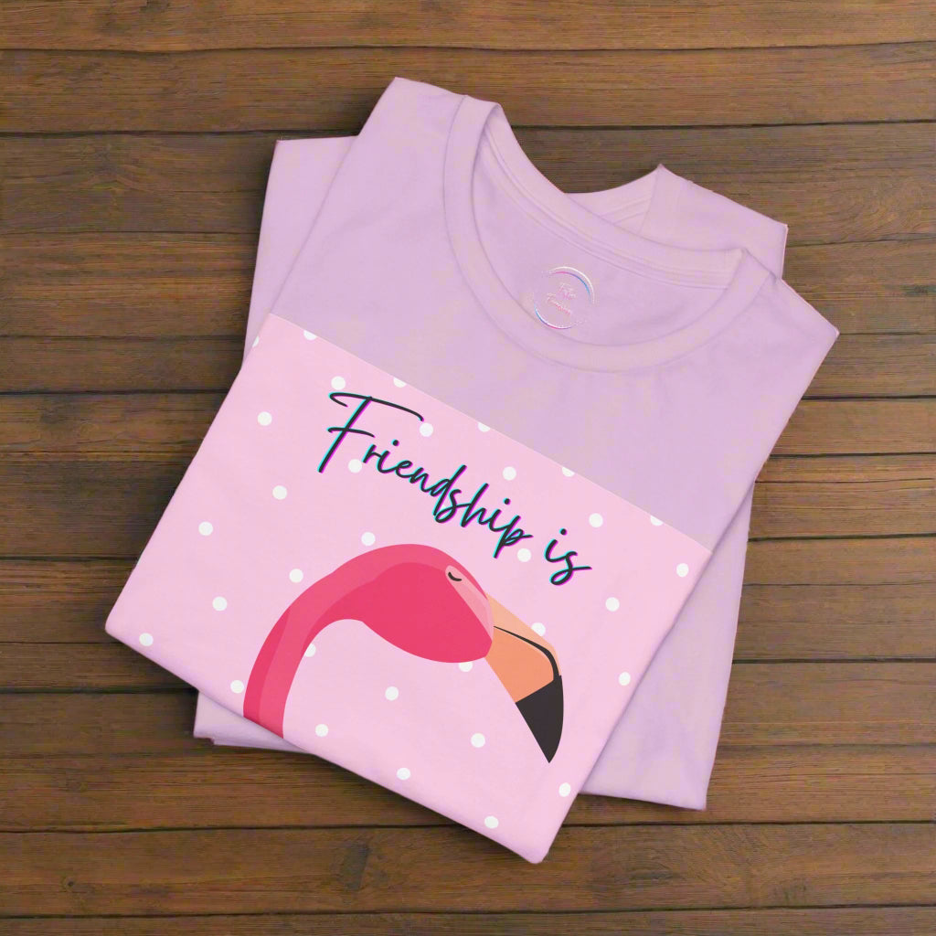 Folded pink t-shirt with flamingo design and 'Friendship is' text on a white background