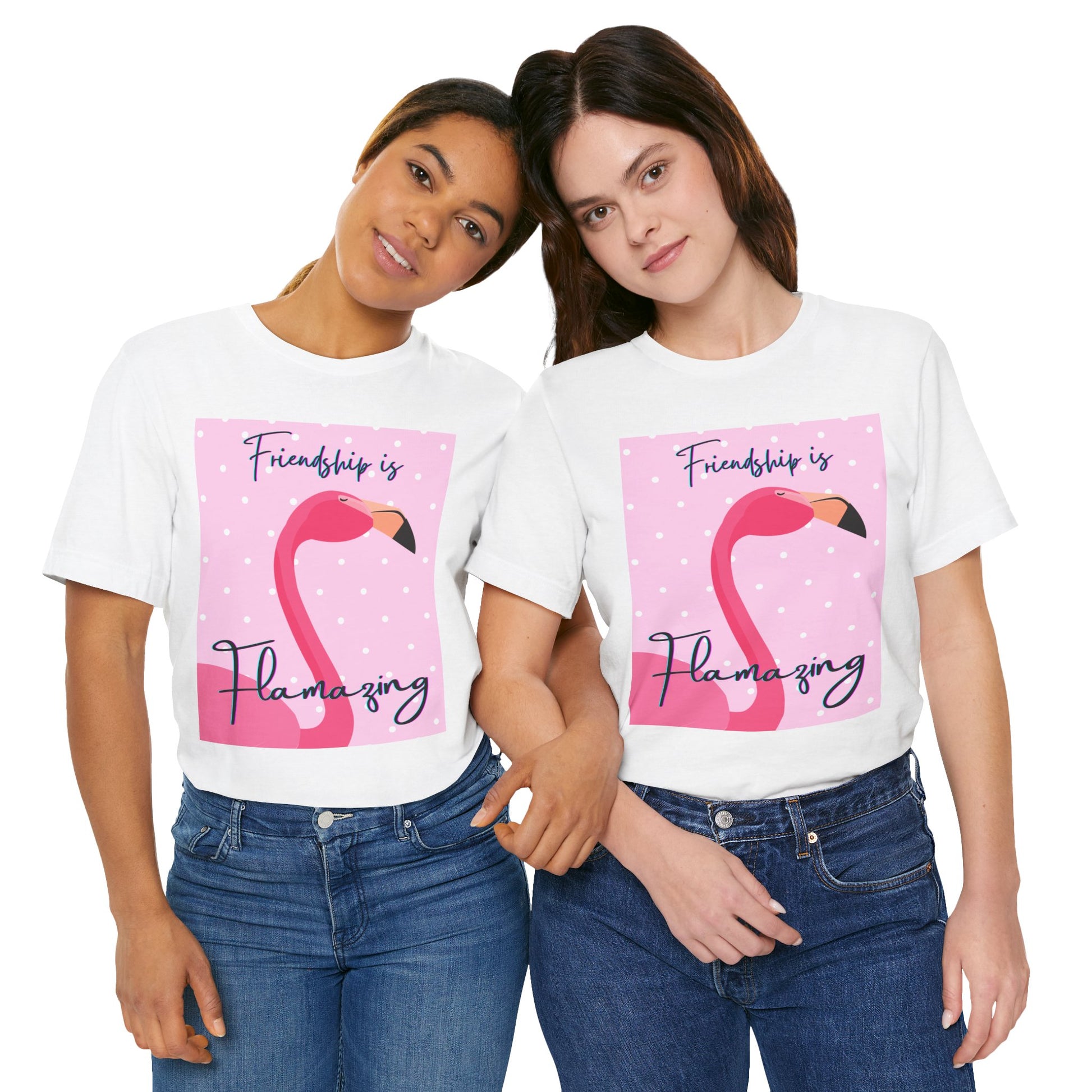 Two people wearing white t-shirts with a flamingo graphic and text on a white background
